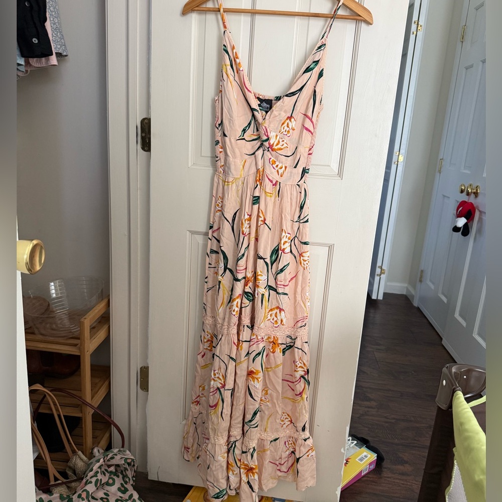 Angie Light Pink Floral Maxi Dress with adjustable Spaghetti Straps